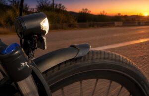 La testa sgombra luce anteriore di bicicletta acceso al tramonto su una strada